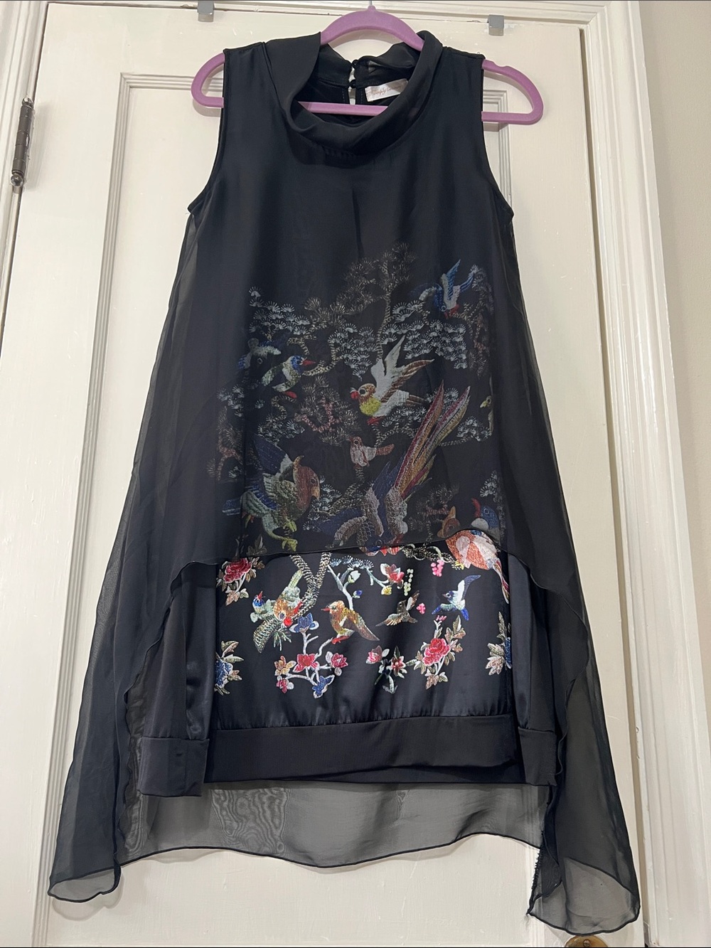 Simply Couture Black Sleeveless High-Low Dress with Floral Bird Print
